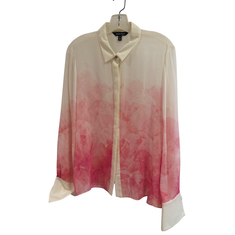 Ellen Tracy Pink White Floral Watercolor Button Down Blouse French Cuffs Large